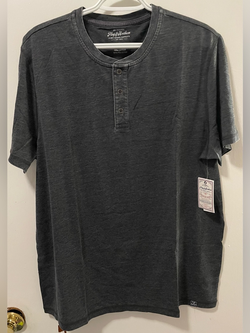 Flag & Anthem Men's Charcoal Henley Neck Short Sleeve Shirt Top Tee Size Large L